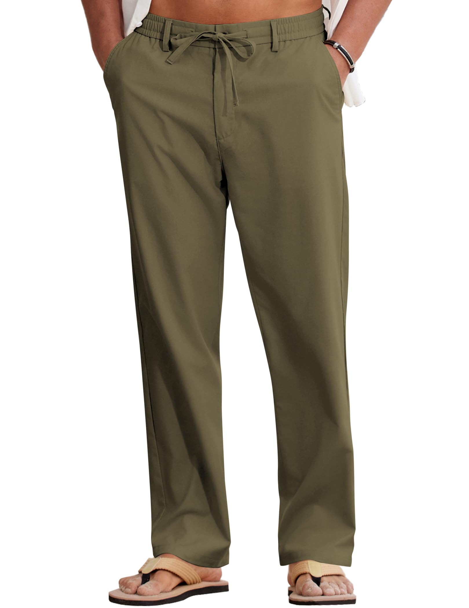 COOFANDY Men Cotton Linen Drawstring Pants Casual Lightweight Summer Beach Pants - Olive Green