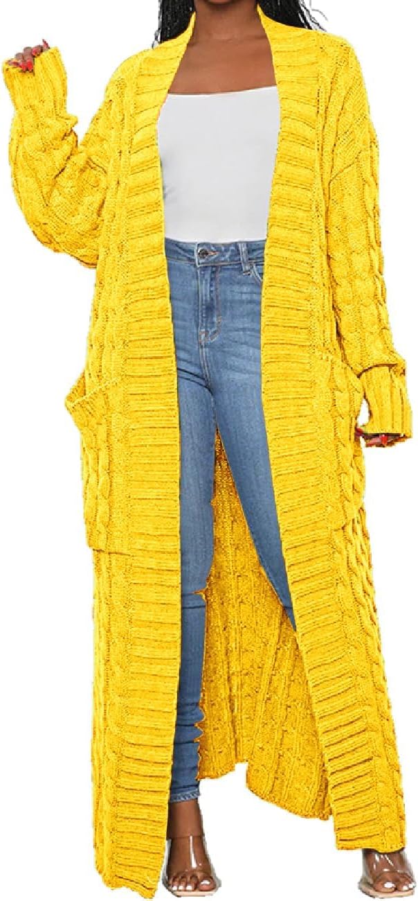 Womens Thin Stylish Cable Knit Dual Extra Long Maxi Cardigan with 2-Pockets - Cardigan-yellow