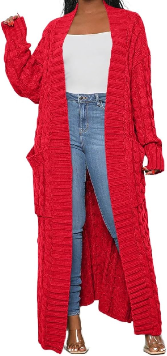 Womens Thin Stylish Cable Knit Dual Extra Long Maxi Cardigan with 2-Pockets - Cardigan-red