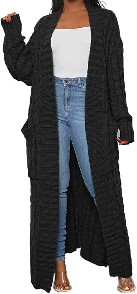 Womens Thin Stylish Cable Knit Dual Extra Long Maxi Cardigan with 2-Pockets - Cardigan-black