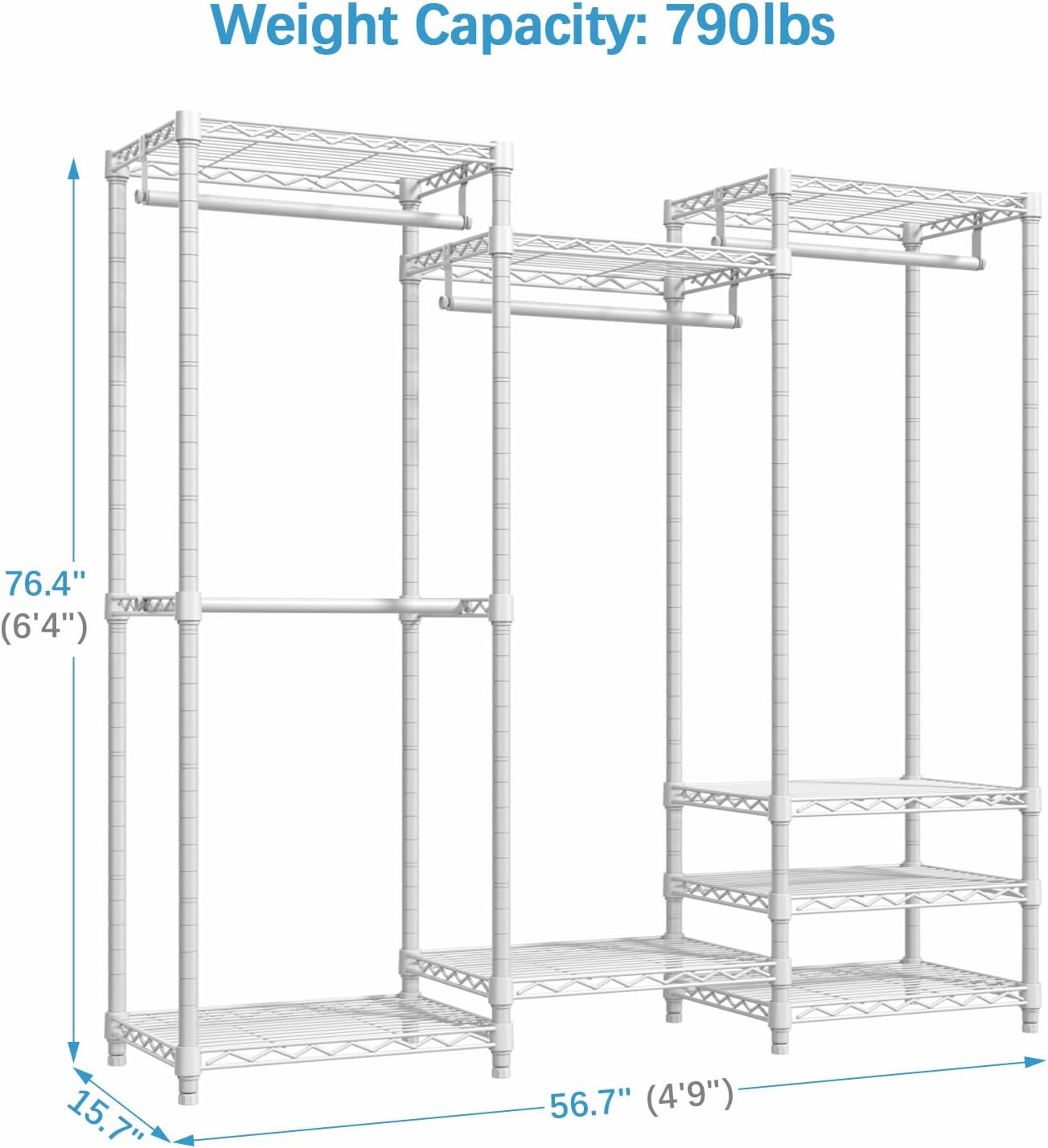 Portable Closet Wardrobe Heavy Duty Clothes Rack, with 4 Hang Rods & 8 Shelves, Adjustable Closet Racks, 68.9" L x 15.7" W x 76.4" H, Max Load 890LBS, Black