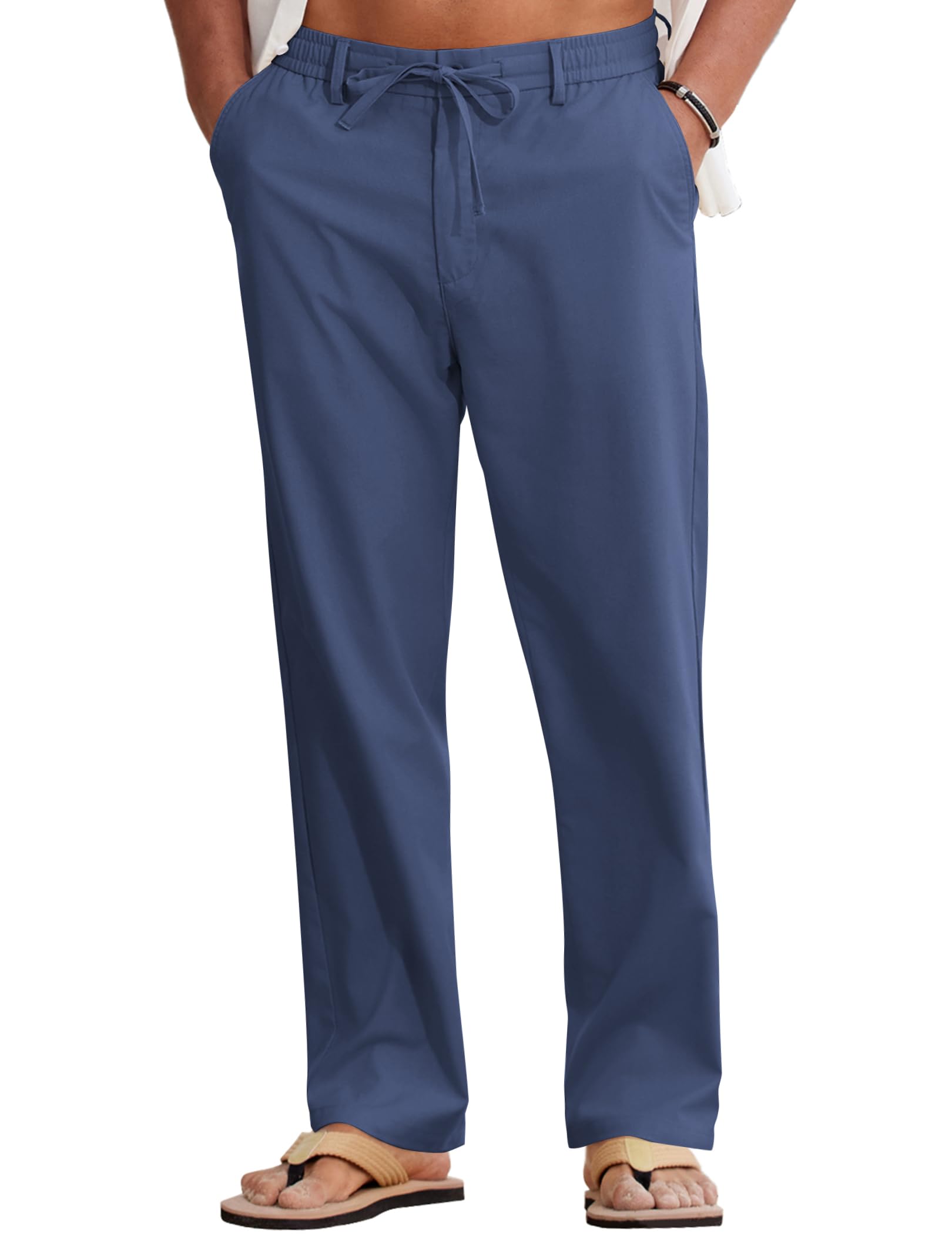 COOFANDY Men Cotton Linen Drawstring Pants Casual Lightweight Summer Beach Pants - Dark Blue