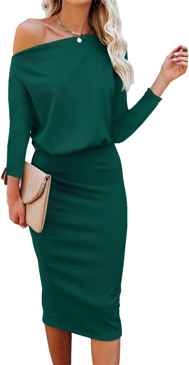 Ezbelle Women's Off The Shoulder Knit Bodycon Midi Dress - Dark Green