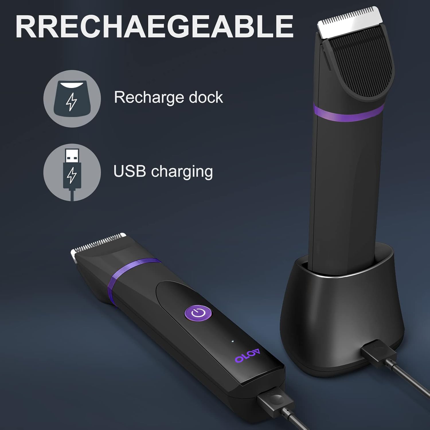 OLOV Electric Body Hair Trimmer - Groin Trimmer for Men - Bikini Trimmer Women - Wet/Dry Shaver Groomer, Replaceable Ceramic Blade Heads, USB Recharge Dock, Waterproof Hygiene Razor,Purple