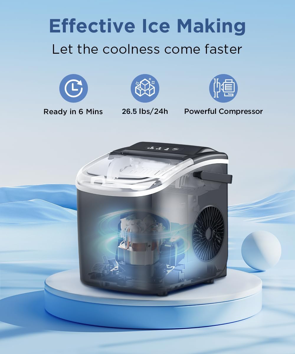 COWSAR Ice Maker Countertop, Portable Ice Machine with Self-Cleaning, 26.5 lbs/24Hrs, 8 Ice Cubes in 6 Mins, Ice Basket and Scoop, Ideal for Home, Kitchen, Bar, Camping
