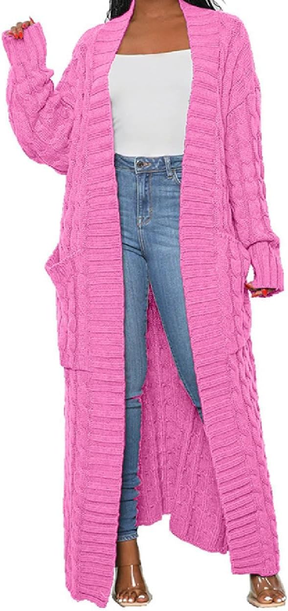 Womens Thin Stylish Cable Knit Dual Extra Long Maxi Cardigan with 2-Pockets - Cardigan-hot Pink