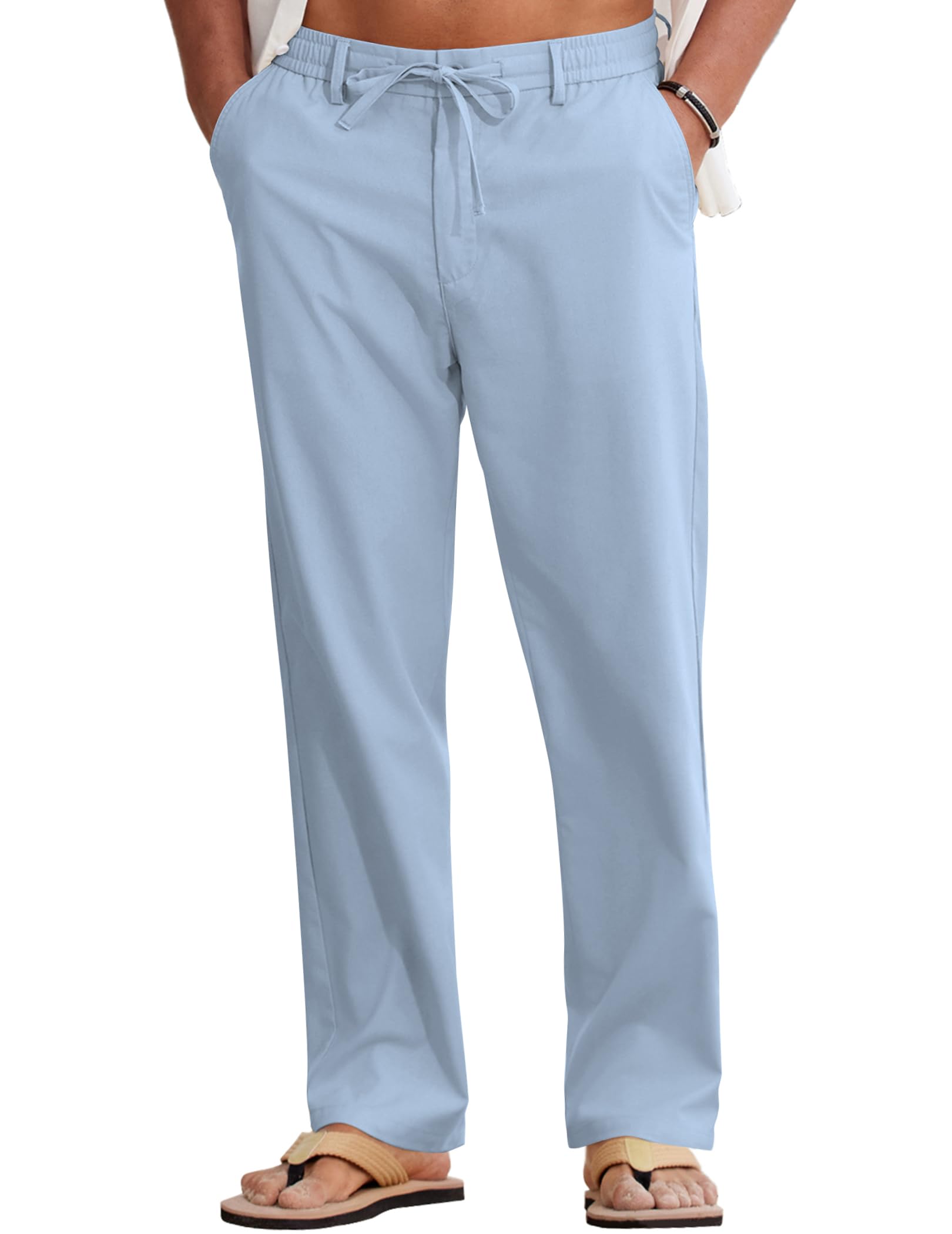COOFANDY Men Cotton Linen Drawstring Pants Casual Lightweight Summer Beach Pants - Light Blue