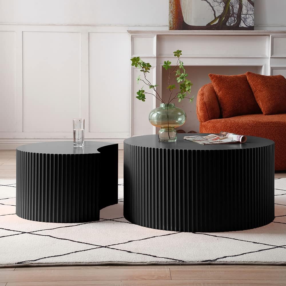 Nesting Coffee Table Set of 2, Round & Crescent Moon Wooden Coffee Tables, Modern Luxury Accent End Tea Table for Living Room Apartment (Black-Round)