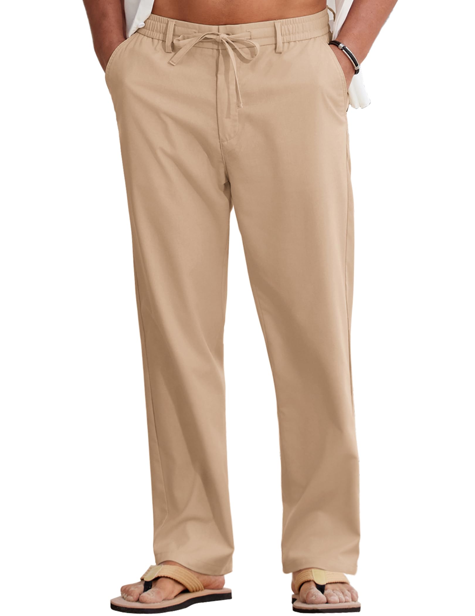 COOFANDY Men Cotton Linen Drawstring Pants Casual Lightweight Summer Beach Pants - Dark Khaki