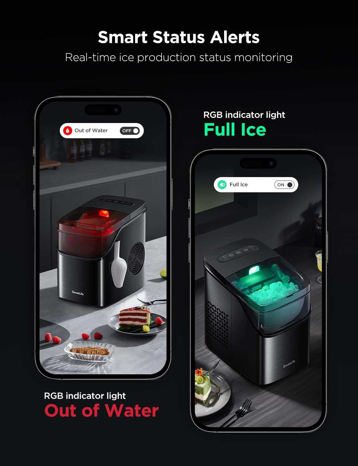 GoveeLife Smart Ice Maker Countertop, Portable Ice Machine with Voice Control, 9 Ice Cubes in 6 Minutes 3 Sizes, 26lbs/24Hrs, Self Cleaning RGB Lights, Quiet Ice Maker with Scoop for Kitchen Silver