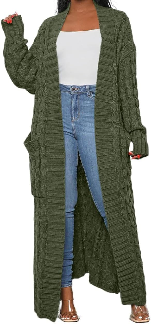Womens Thin Stylish Cable Knit Dual Extra Long Maxi Cardigan with 2-Pockets - Cardigan-army Green