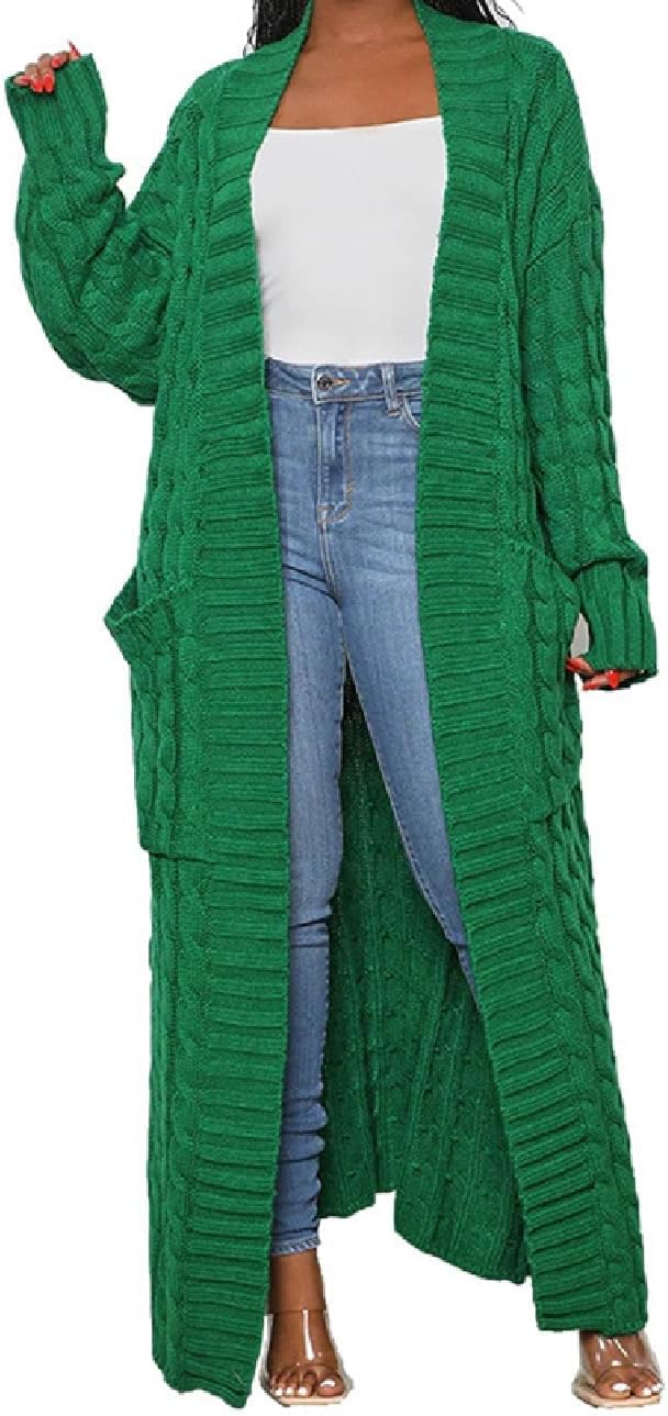 Womens Thin Stylish Cable Knit Dual Extra Long Maxi Cardigan with 2-Pockets - Cardigan-green