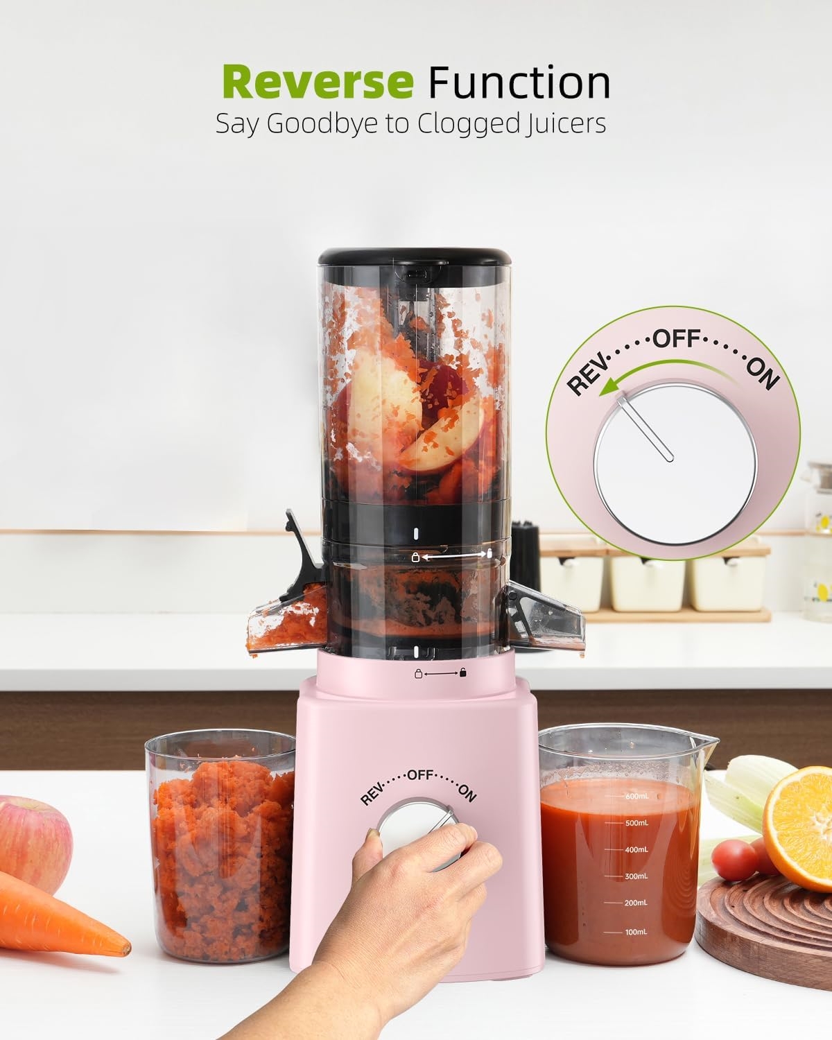 Cold Press Juicer with 8 Juice Bottles - Masticating Juicer Machines for Fruits and Veggies, 4.25" Large Feed Chute, Easy to Clean