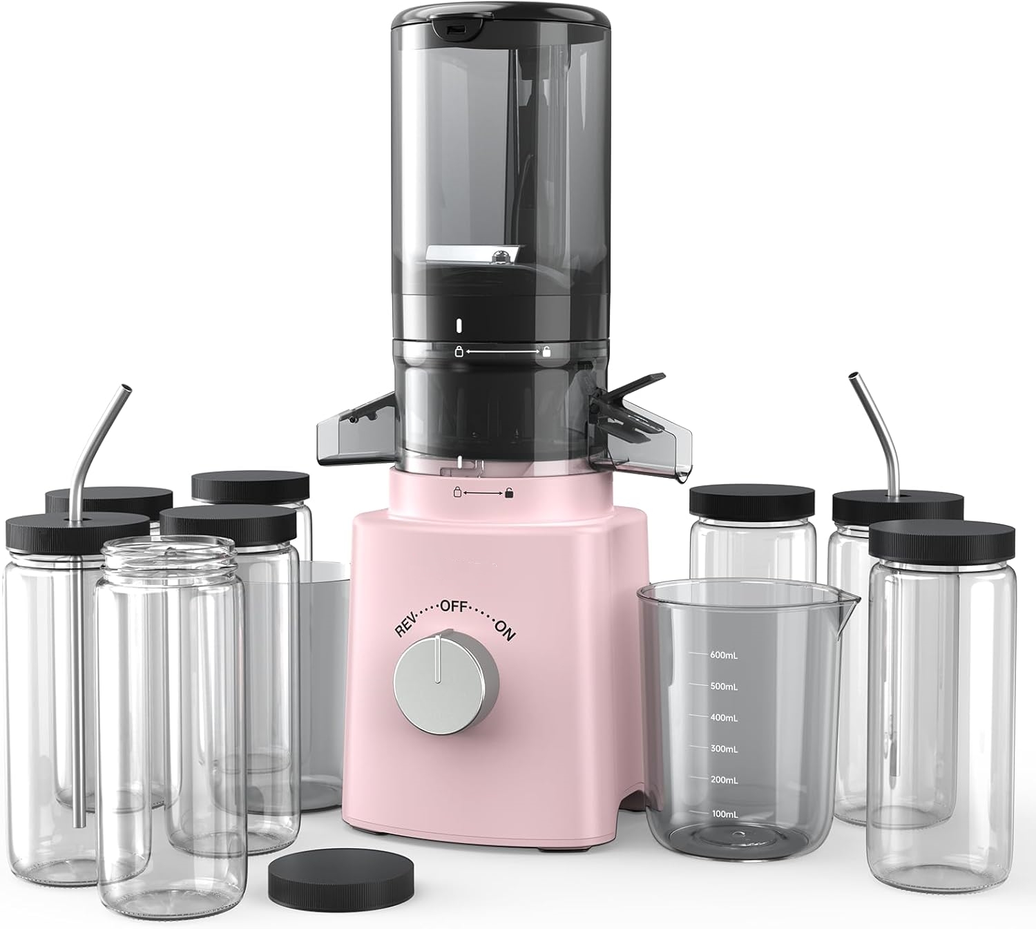 Cold Press Juicer with 8 Juice Bottles - Masticating Juicer Machines for Fruits and Veggies, 4.25" Large Feed Chute, Easy to Clean