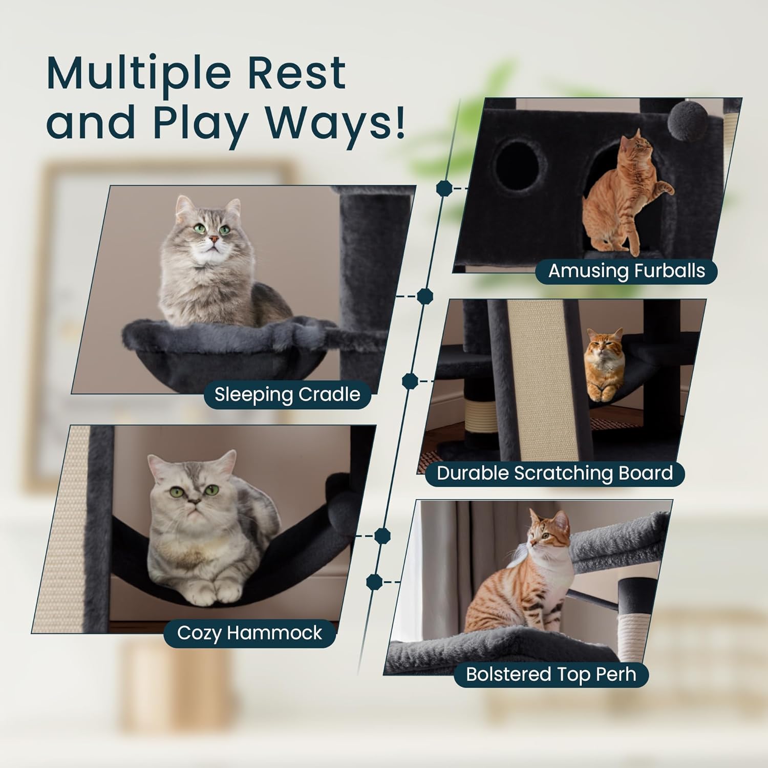 Larger Cat Tree Tower Condo for Indoor Kitties/Multi-Level Furniture Activity Center with Wide Base/Cozy Plush Cat Perches/Baskets/Sisal Scratching Posts and Hammock/Beige