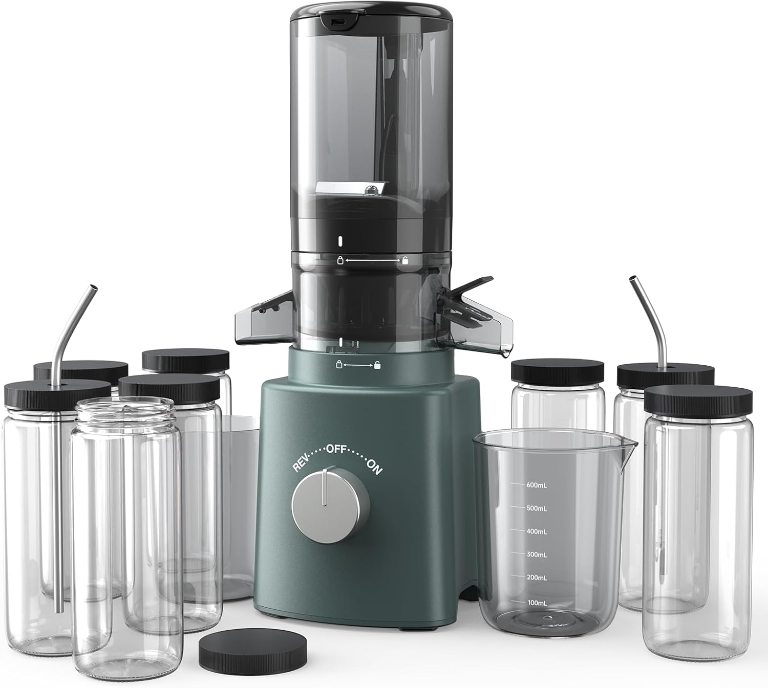 Cold Press Juicer with 8 Juice Bottles - Masticating Juicer Machines for Fruits and Veggies, 4.25" Large Feed Chute, Easy to Clean