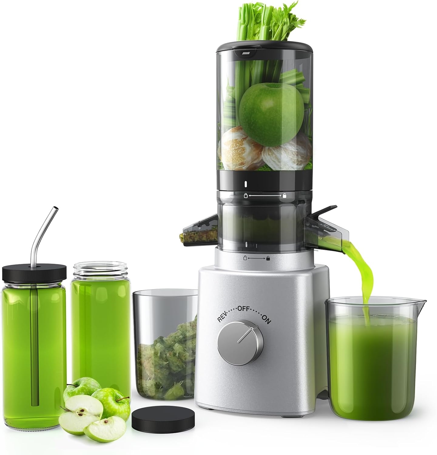 Cold Press Juicer with 8 Juice Bottles - Masticating Juicer Machines for Fruits and Veggies, 4.25" Large Feed Chute, Easy to Clean