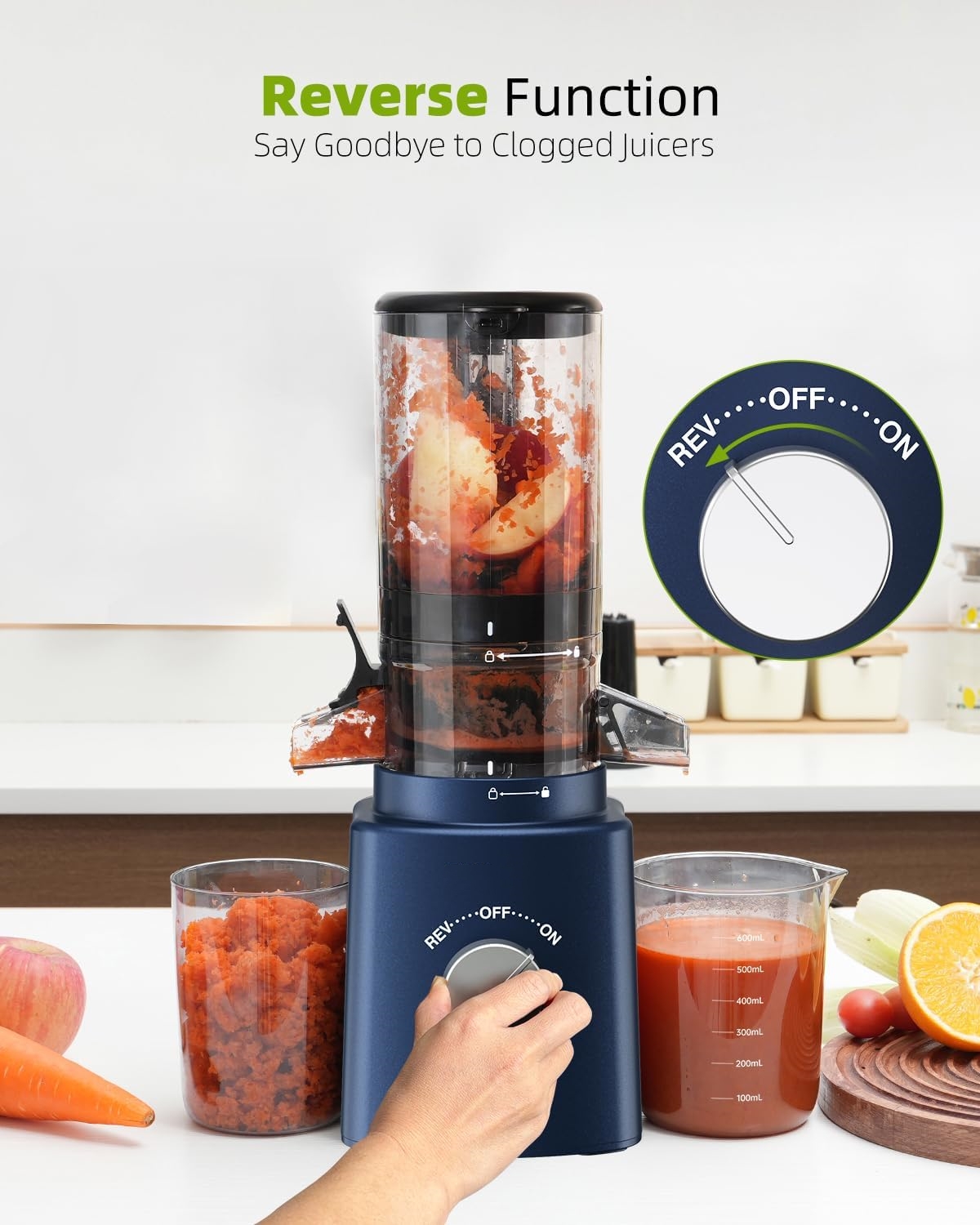 Cold Press Juicer with 8 Juice Bottles - Masticating Juicer Machines for Fruits and Veggies, 4.25" Large Feed Chute, Easy to Clean