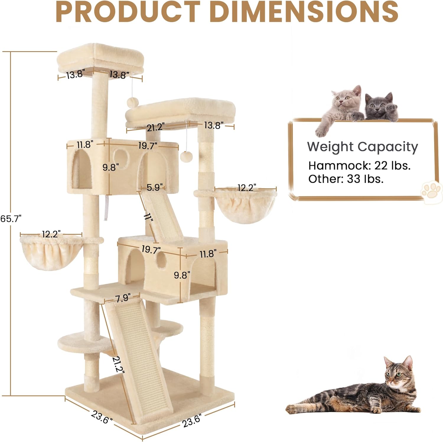 Larger Cat Tree Tower Condo for Indoor Kitties/Multi-Level Furniture Activity Center with Wide Base/Cozy Plush Cat Perches/Baskets/Sisal Scratching Posts and Hammock/Beige