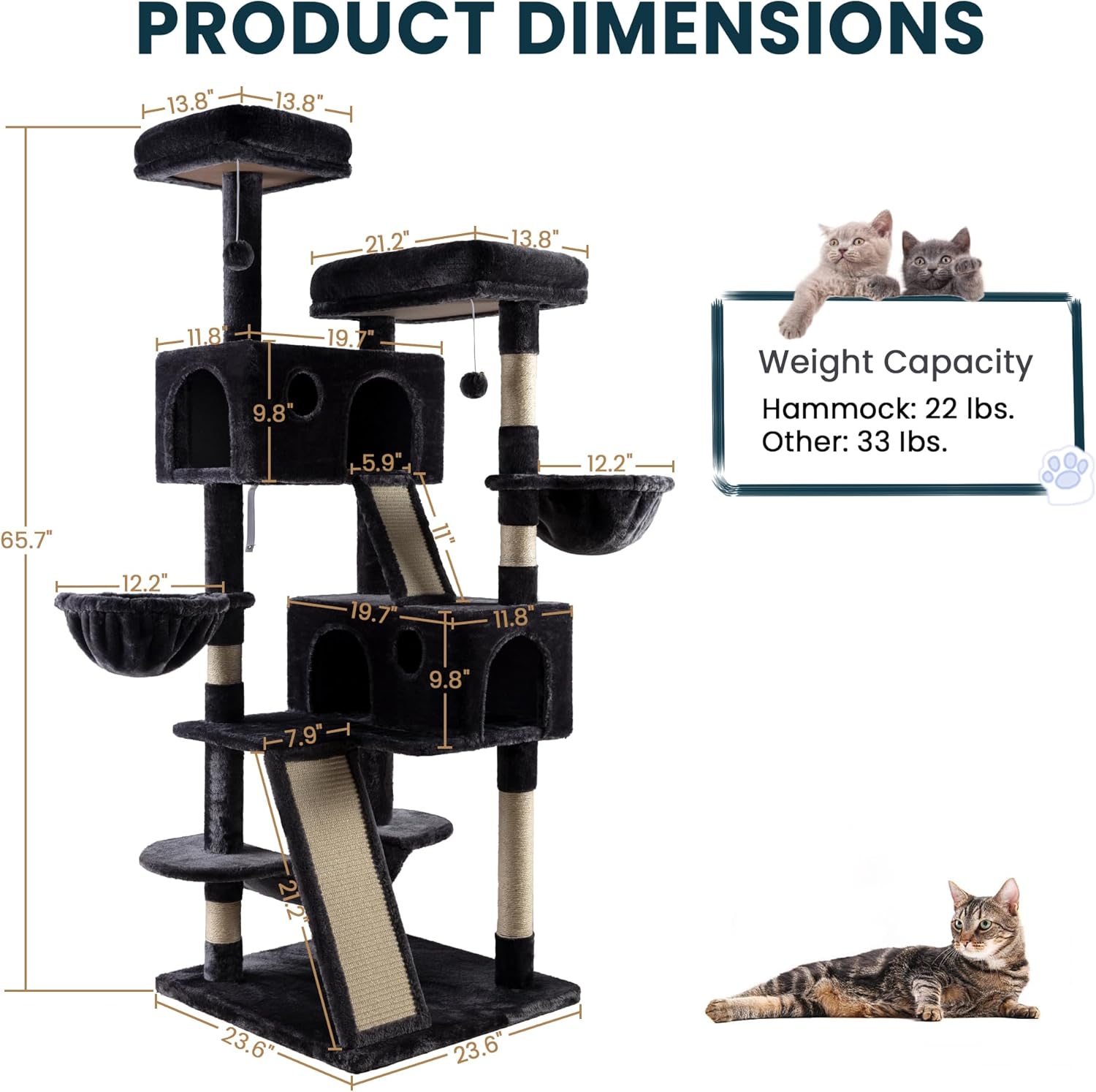 Larger Cat Tree Tower Condo for Indoor Kitties/Multi-Level Furniture Activity Center with Wide Base/Cozy Plush Cat Perches/Baskets/Sisal Scratching Posts and Hammock/Beige