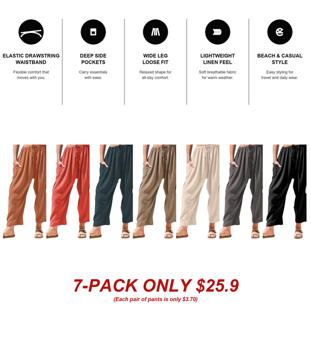 Womens Linen Wide Leg Pants Casual Loose Drawstring Low Waist Beach Palazzo Harem Pants with Pockets