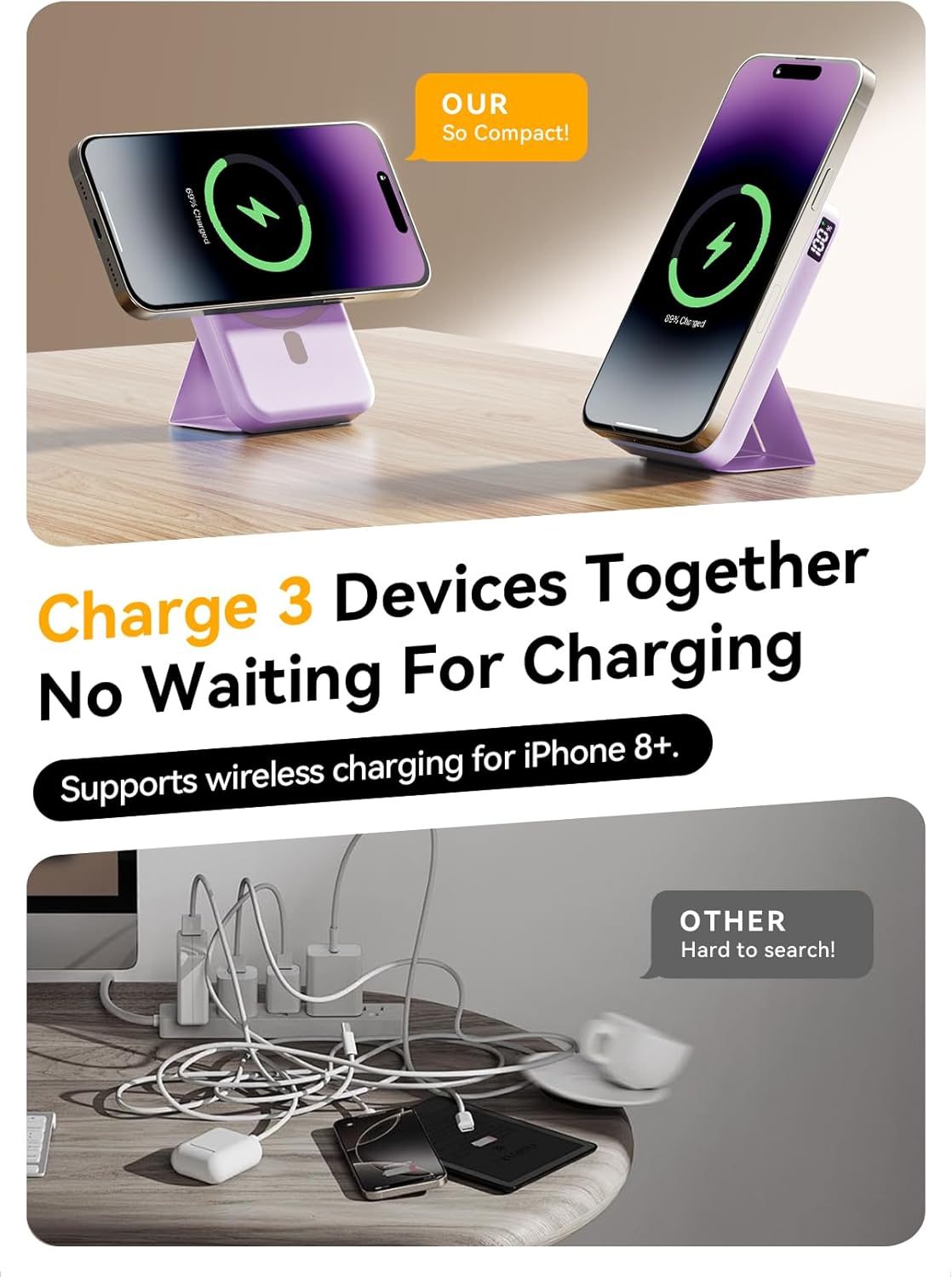Magnetic Portable Charger, 10000mAh Wireless Power Bank with 20W USB-C Fast Charging, Foldable Stand & LED Display Magnetic Battery Pack, Compatible with iPhone 16/15/14/13/12 All Series