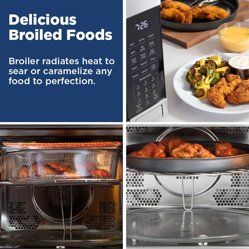 GCST10A1WSS 4-in-1 Microwave Oven, 1,050 Watts Air Fryer, Broiler & Convection Mode, Child-Lock Technology, Kitchen Essentials for The Countertop or Dorm Room, 1.0 Cu. Ft, Stainless Steel