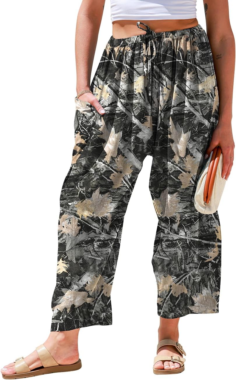 Womens Linen Wide Leg Pants Casual Loose Drawstring Low Waist Beach Palazzo Harem Pants with Pockets