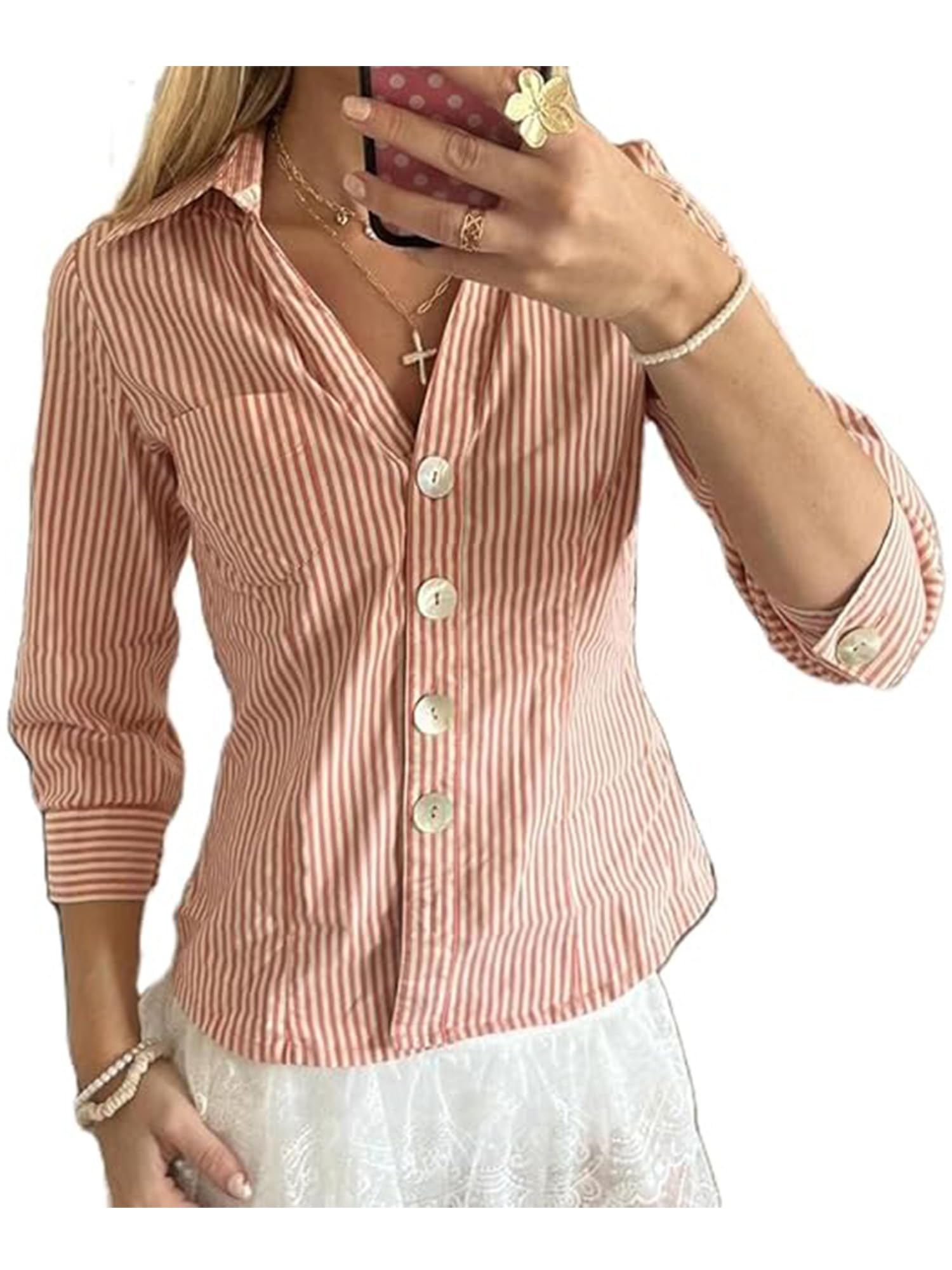 Women's Basic Button Down Shirts Long Sleeve V Neck Lapel Collar Tight Blouse Slim Fit Tops Casual Office Shirt - B-pink2