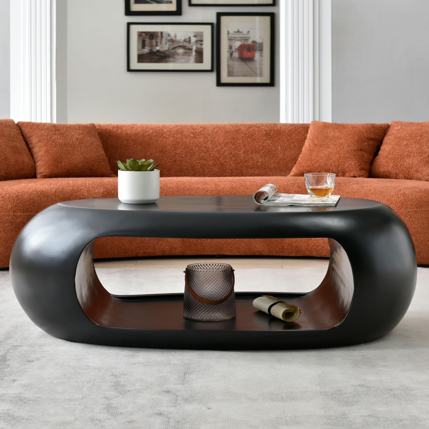 Nesting Coffee Table Set of 2, Round & Crescent Moon Wooden Coffee Tables, Modern Luxury Accent End Tea Table for Living Room Apartment (Black-Round)