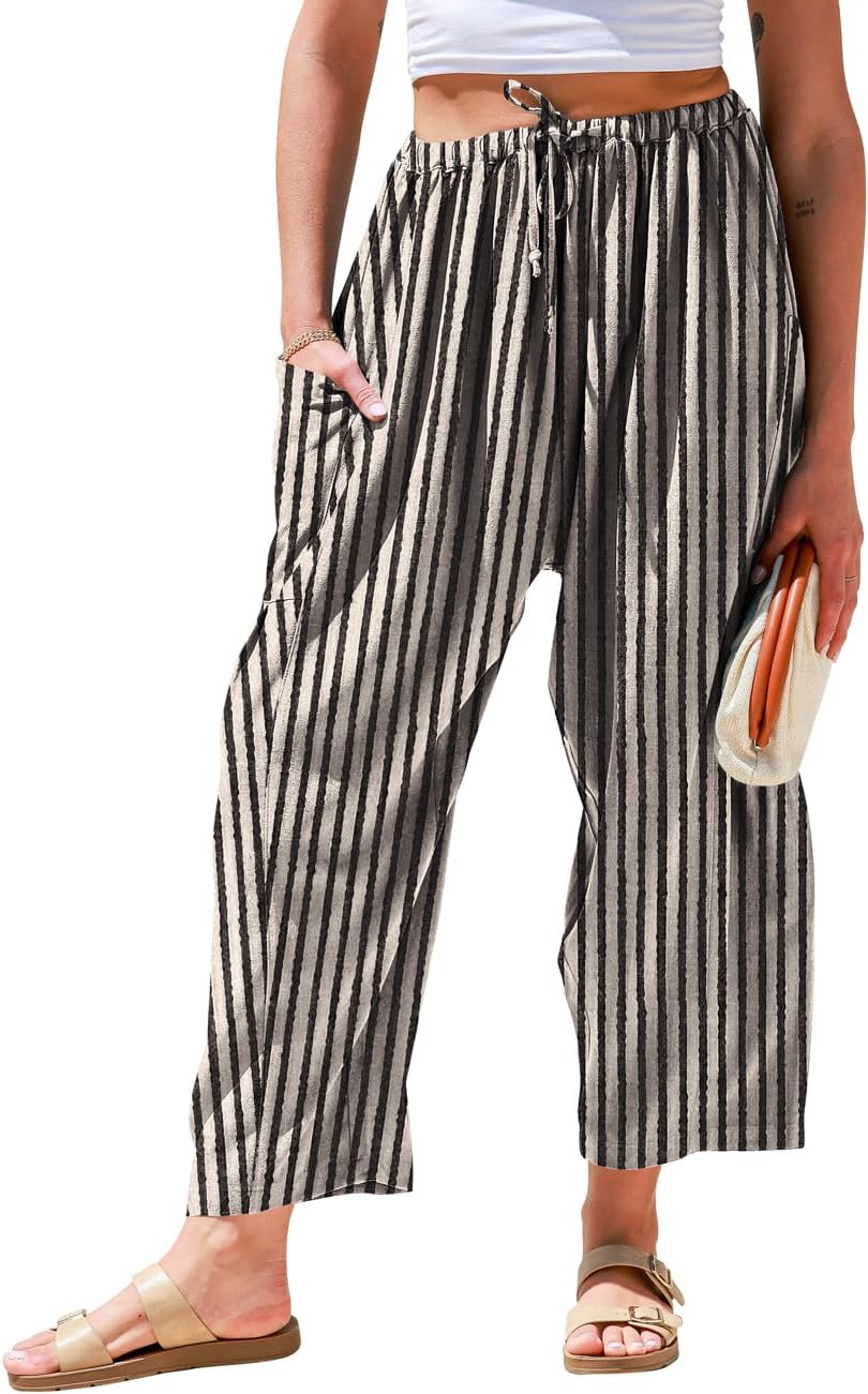 Womens Linen Wide Leg Pants Casual Loose Drawstring Low Waist Beach Palazzo Harem Pants with Pockets