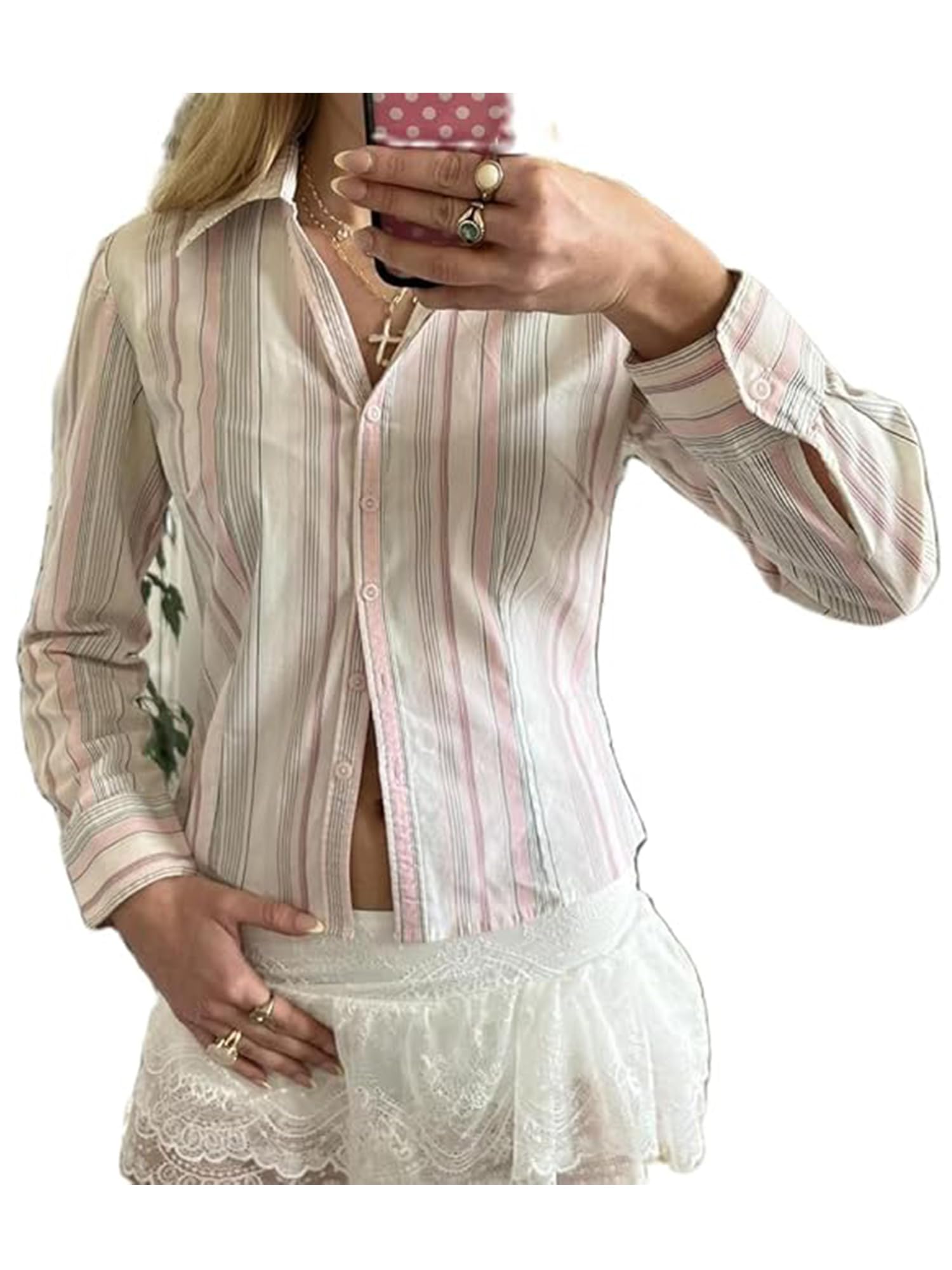 Women's Basic Button Down Shirts Long Sleeve V Neck Lapel Collar Tight Blouse Slim Fit Tops Casual Office Shirt - A-mixed Color
