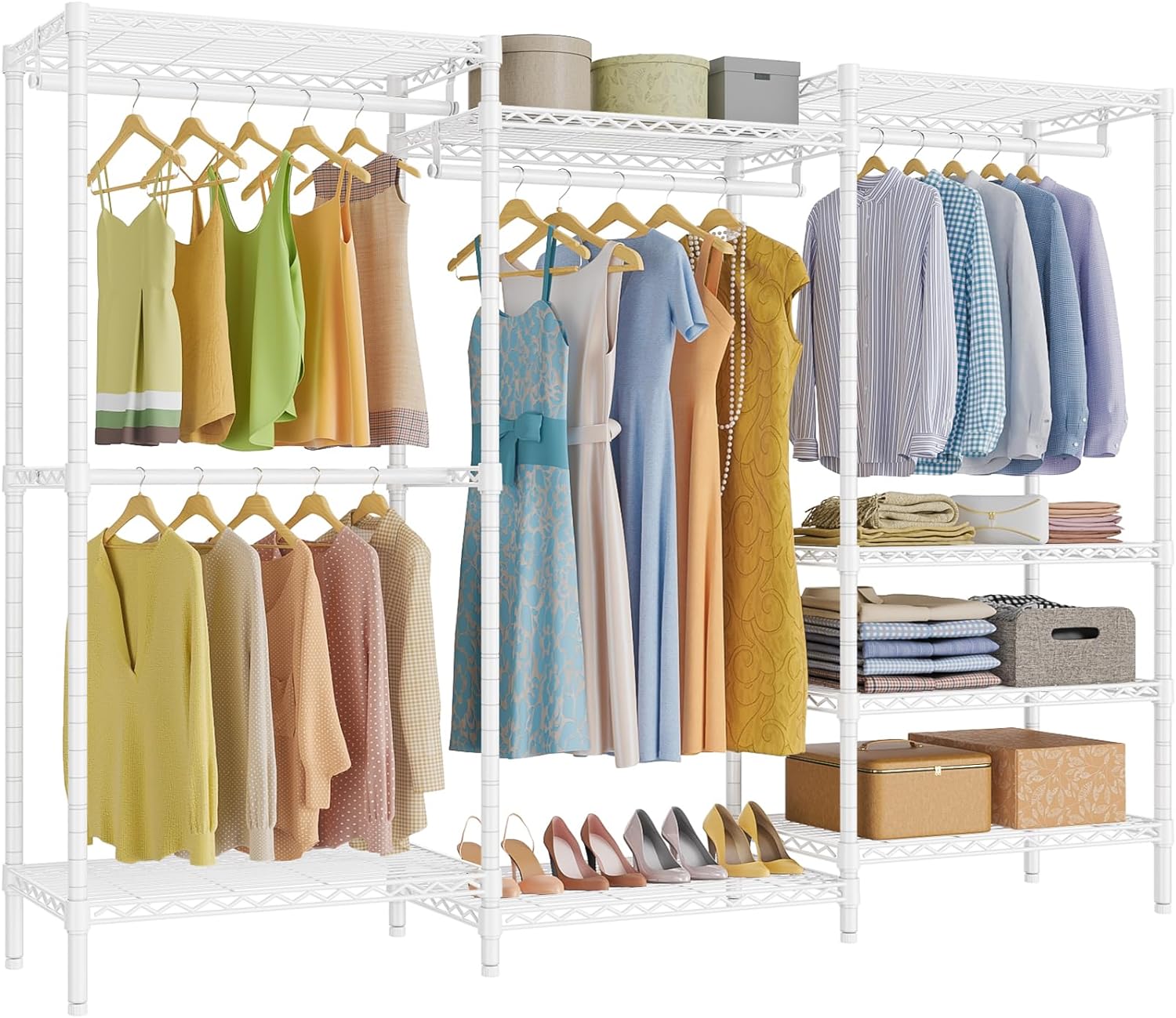 Portable Closet Wardrobe Heavy Duty Clothes Rack, with 4 Hang Rods & 8 Shelves, Adjustable Closet Racks, 68.9" L x 15.7" W x 76.4" H, Max Load 890LBS, Black
