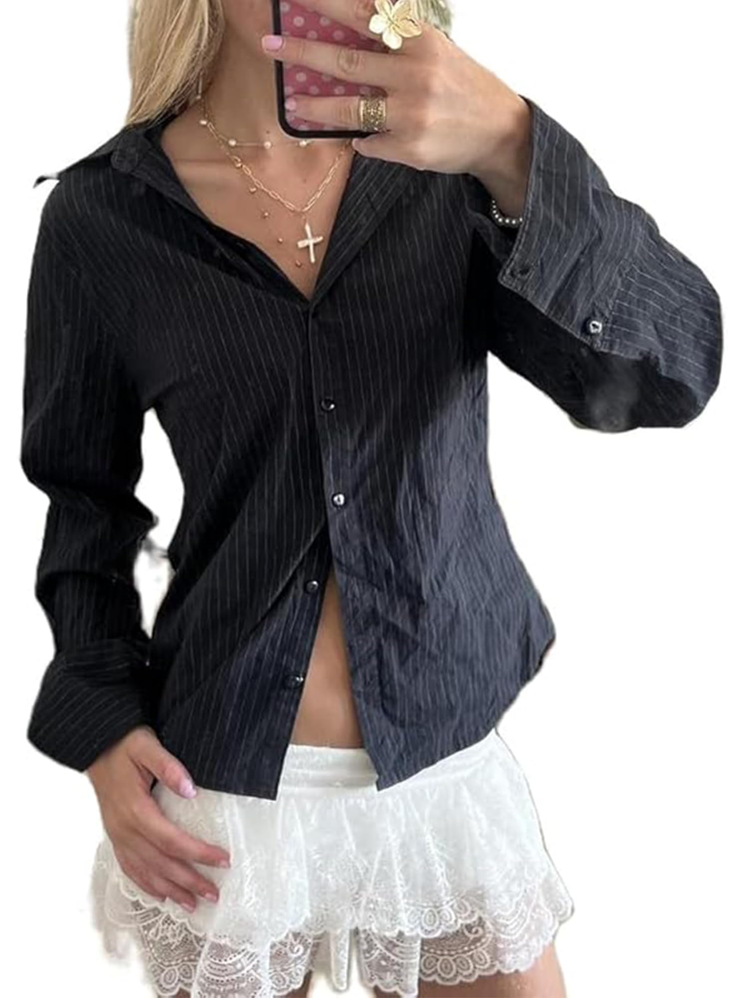 Women's Basic Button Down Shirts Long Sleeve V Neck Lapel Collar Tight Blouse Slim Fit Tops Casual Office Shirt - A-black1