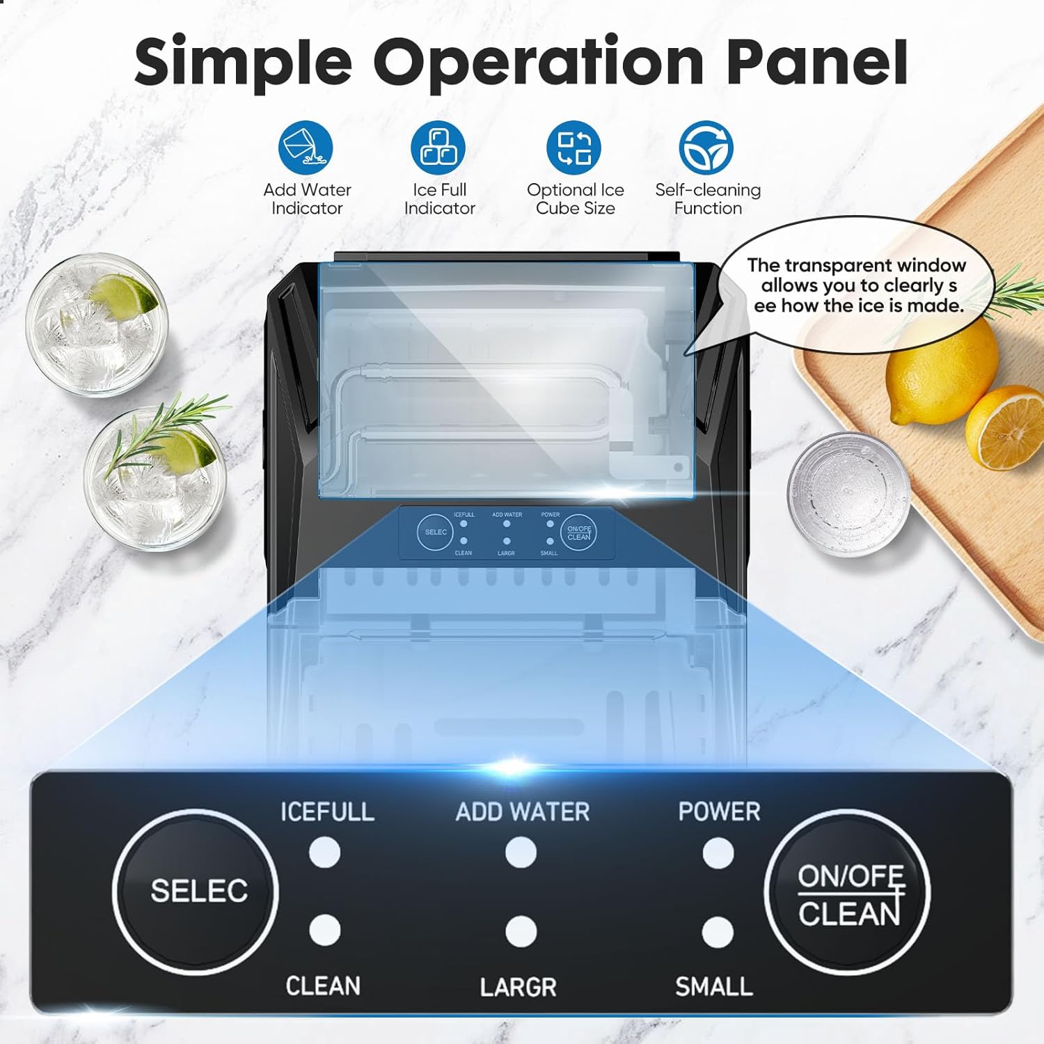 Sweetcrispy Countertop Ice Maker, Portable Ice Machine Self-Cleaning, 9 Cubes in 6 Mins, 26 lbs/24Hrs, 2 Sizes of Bullet Ice for Home Party Office,Elegant Black