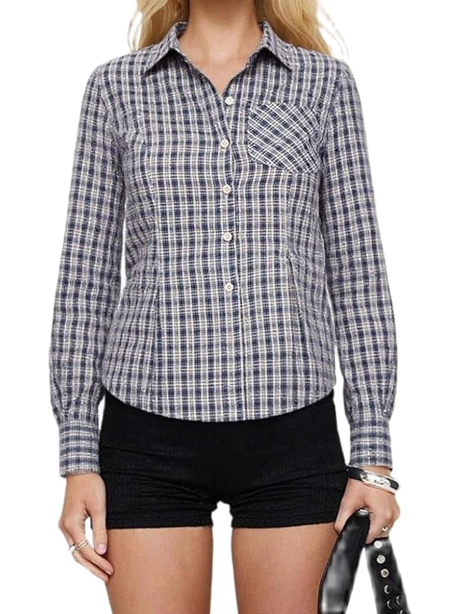 Women's Basic Button Down Shirts Long Sleeve V Neck Lapel Collar Tight Blouse Slim Fit Tops Casual Office Shirt - D-blue2