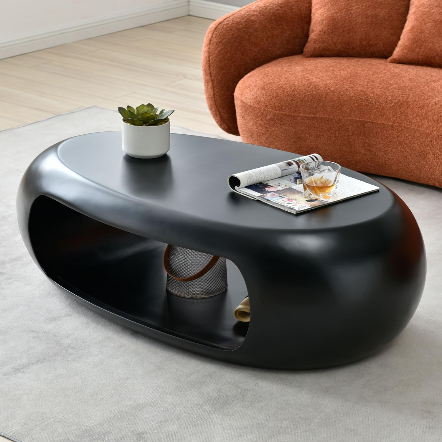 Nesting Coffee Table Set of 2, Round & Crescent Moon Wooden Coffee Tables, Modern Luxury Accent End Tea Table for Living Room Apartment (Black-Round)