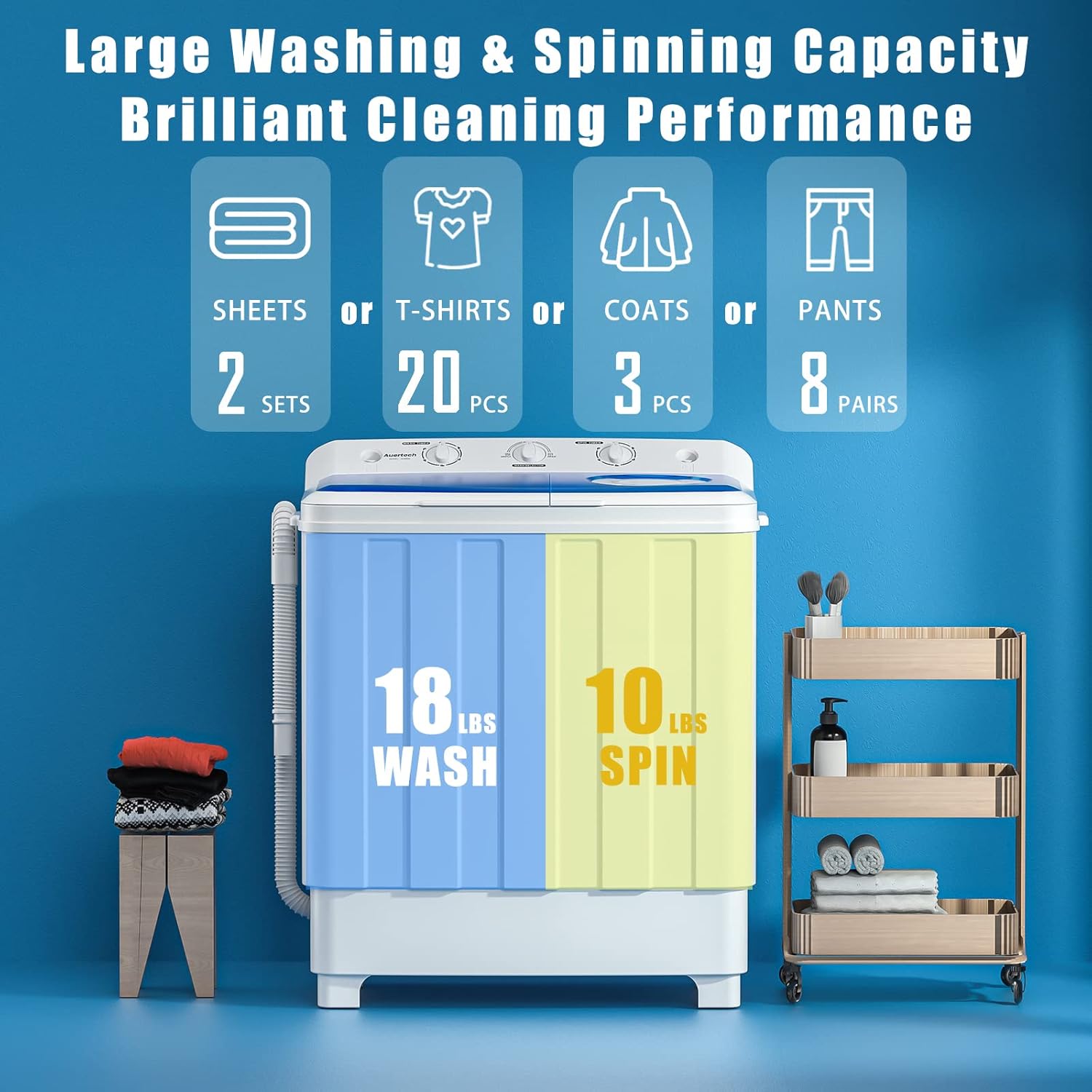 Auertech Portable Washing Machine, 28lbs Twin Tub Washer Mini Compact Laundry Machine with Drain Pump, Semi-automatic 18lbs Washer 10lbs Spinner Combo for Dorms, Apartments, RVs