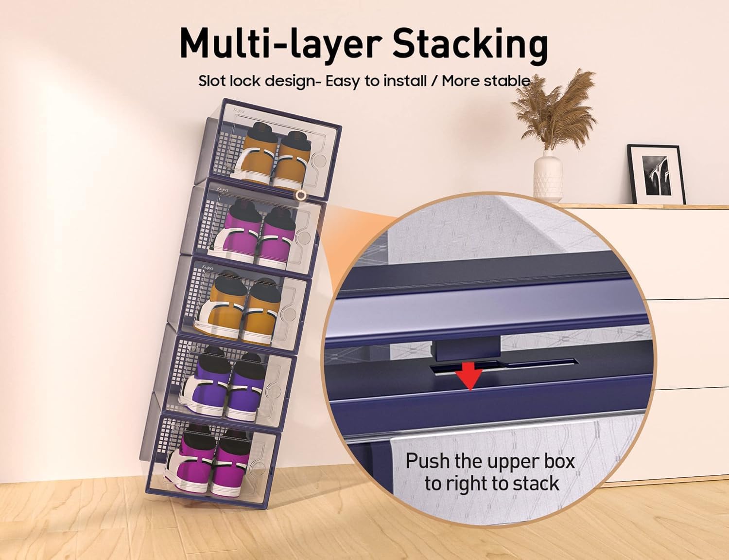 Large Shoe Storage Boxes Organizers Clear Plastic Stackable 12 Pack, Shoe Rack & Holder Substitute, Sneaker Containers, Toy Storage Organizer Bins for Entryway, Closet, Under Bed, Black
