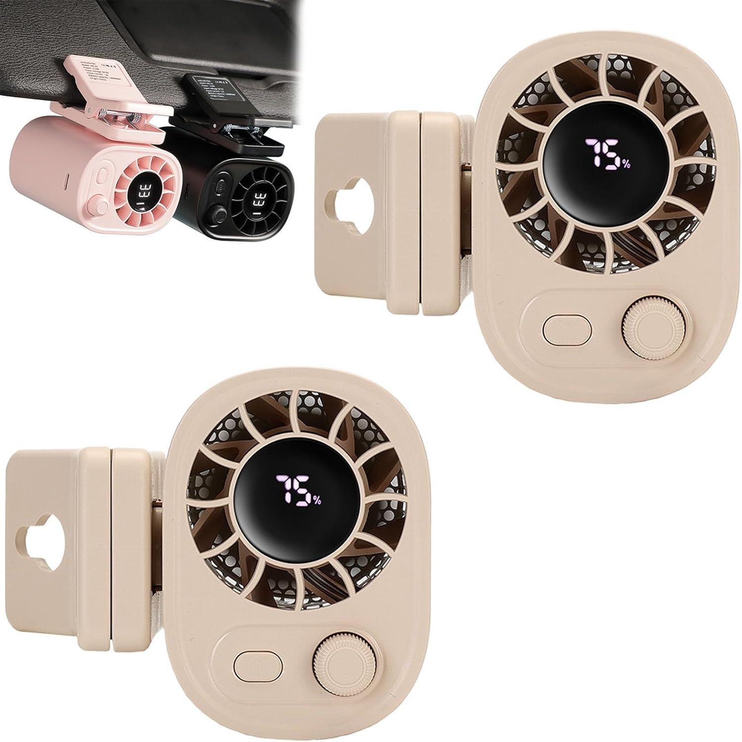 Joytutu Car Clip on Fan with LED Display - 360° Rotation, 100 Speeds Adjustable, USB Rechargeable Personal Cooling Fan 1800mah Battery, Portable Car Fans for Instant Summer Cooling (A*2PCS)