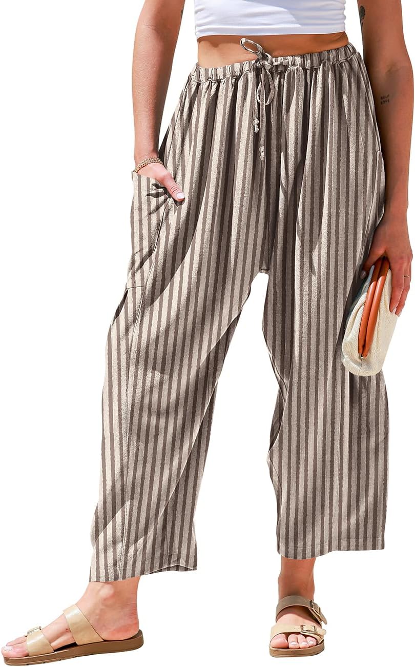Womens Linen Wide Leg Pants Casual Loose Drawstring Low Waist Beach Palazzo Harem Pants with Pockets