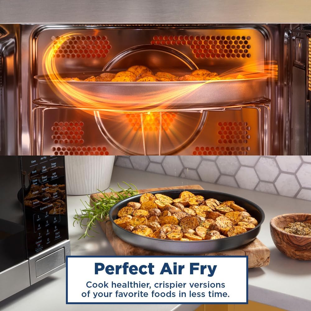 GCST10A1WSS 4-in-1 Microwave Oven, 1,050 Watts Air Fryer, Broiler & Convection Mode, Child-Lock Technology, Kitchen Essentials for The Countertop or Dorm Room, 1.0 Cu. Ft, Stainless Steel