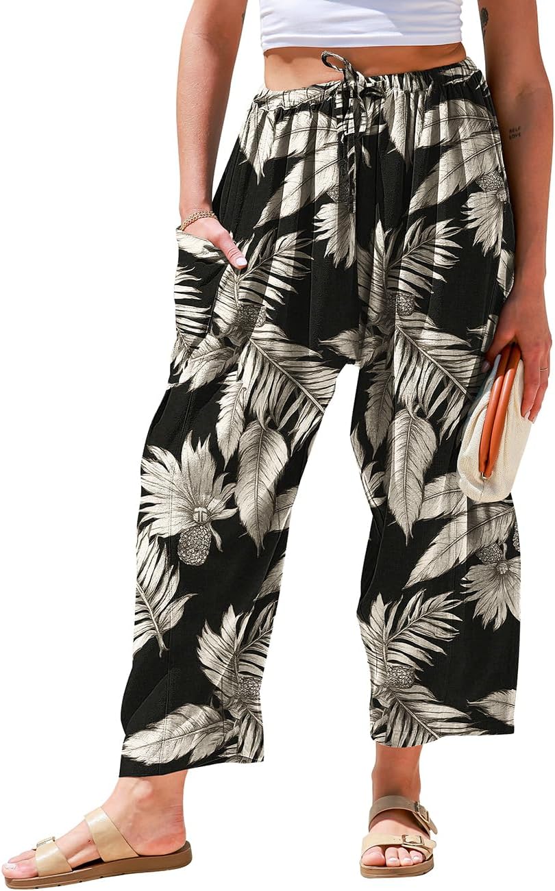 Womens Linen Wide Leg Pants Casual Loose Drawstring Low Waist Beach Palazzo Harem Pants with Pockets