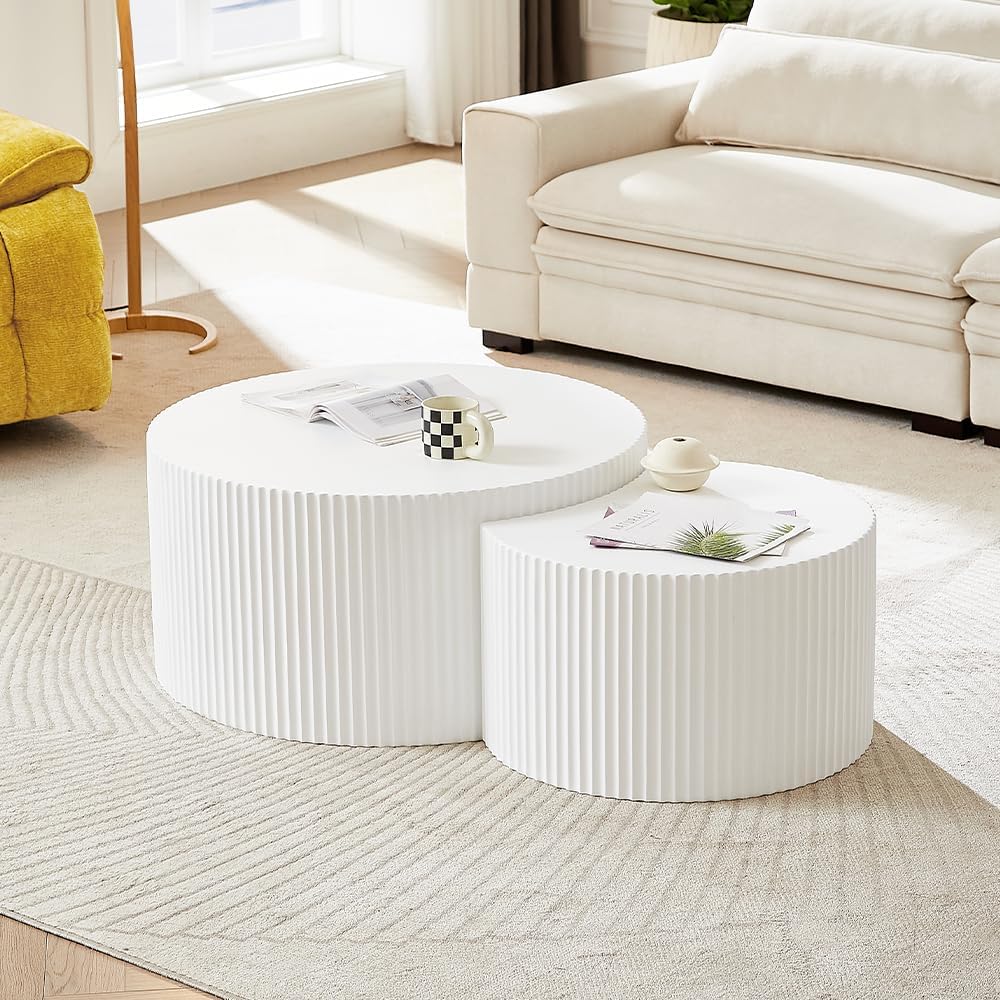 Nesting Coffee Table Set of 2, Round & Crescent Moon Wooden Coffee Tables, Modern Luxury Accent End Tea Table for Living Room Apartment (Black-Round)