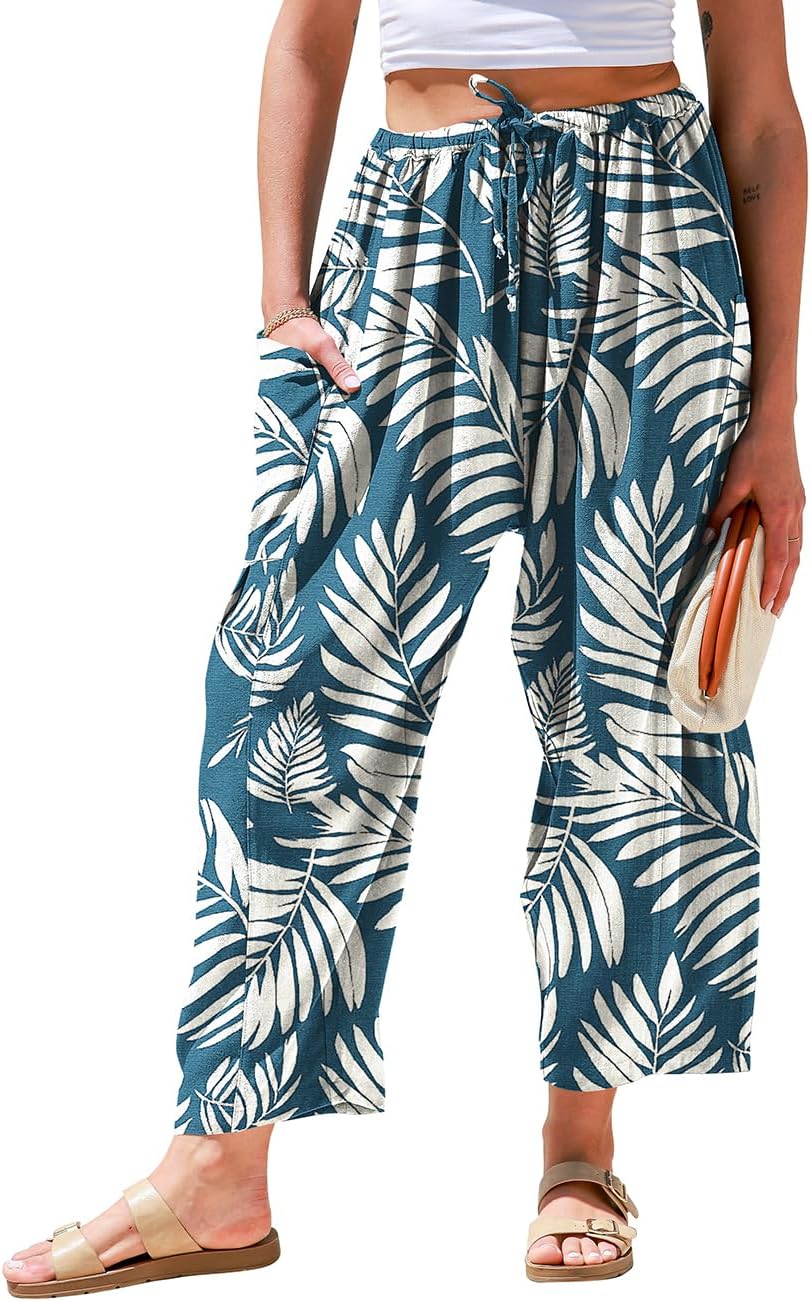 Womens Linen Wide Leg Pants Casual Loose Drawstring Low Waist Beach Palazzo Harem Pants with Pockets