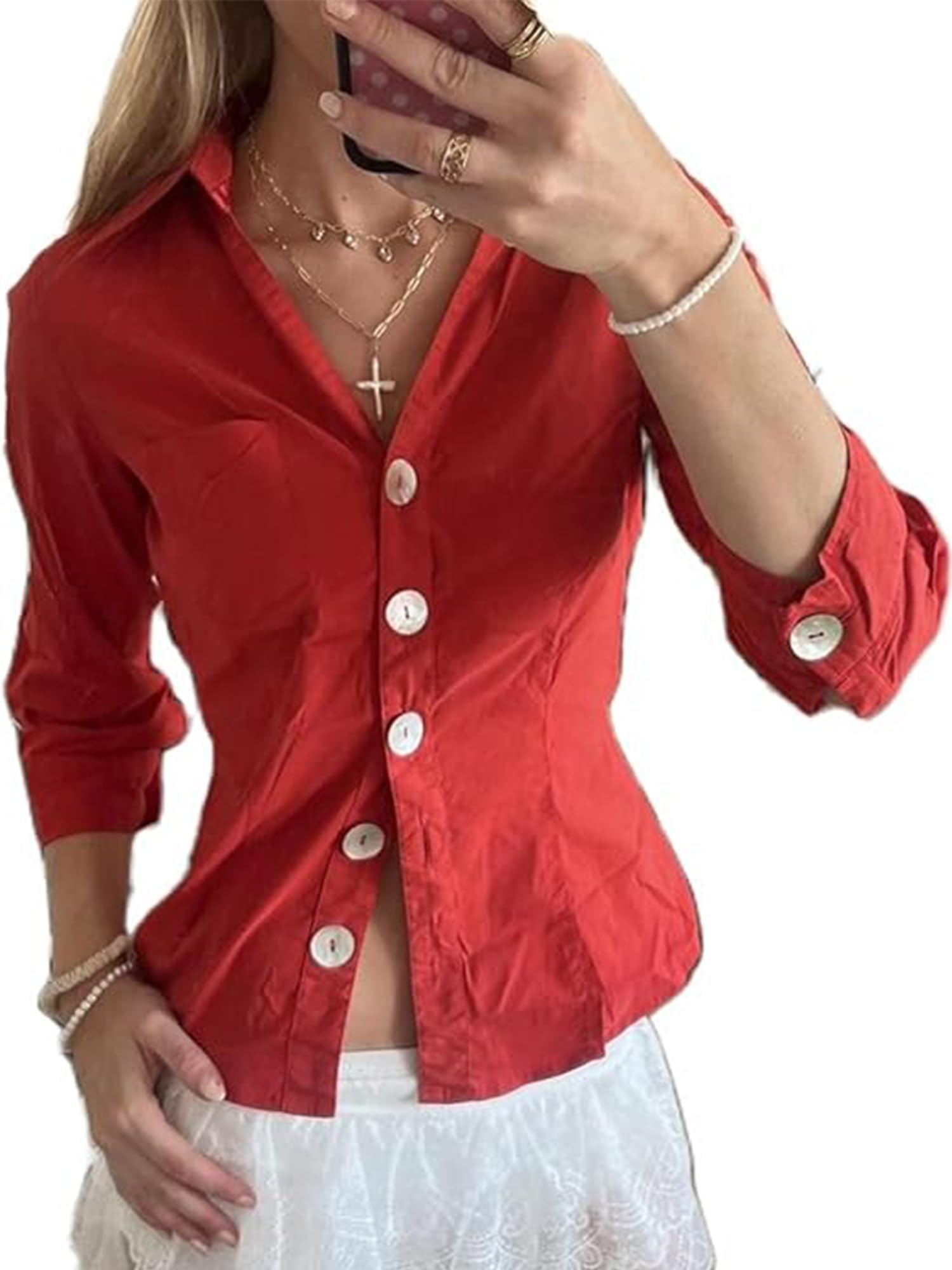 Women's Basic Button Down Shirts Long Sleeve V Neck Lapel Collar Tight Blouse Slim Fit Tops Casual Office Shirt - B-red1