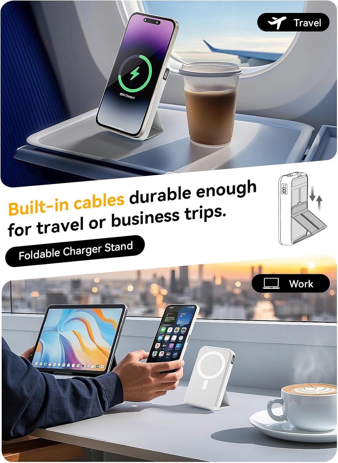 Magnetic Portable Charger, 10000mAh Wireless Power Bank with 20W USB-C Fast Charging, Foldable Stand & LED Display Magnetic Battery Pack, Compatible with iPhone 16/15/14/13/12 All Series