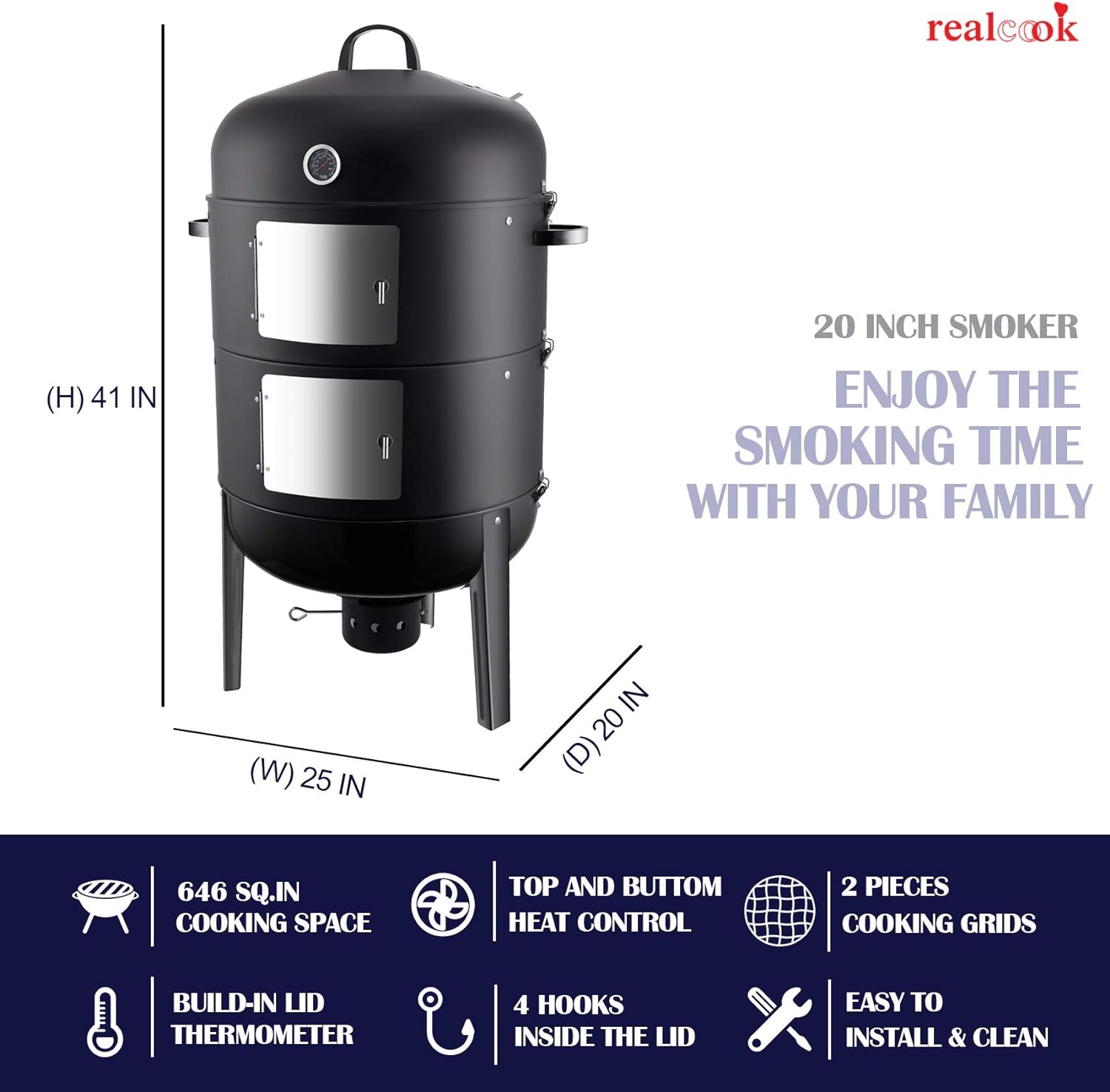 Vertical 17 Inch Steel Charcoal Smoker, Heavy Duty Round BBQ Grill for Outdoor Cooking, Black