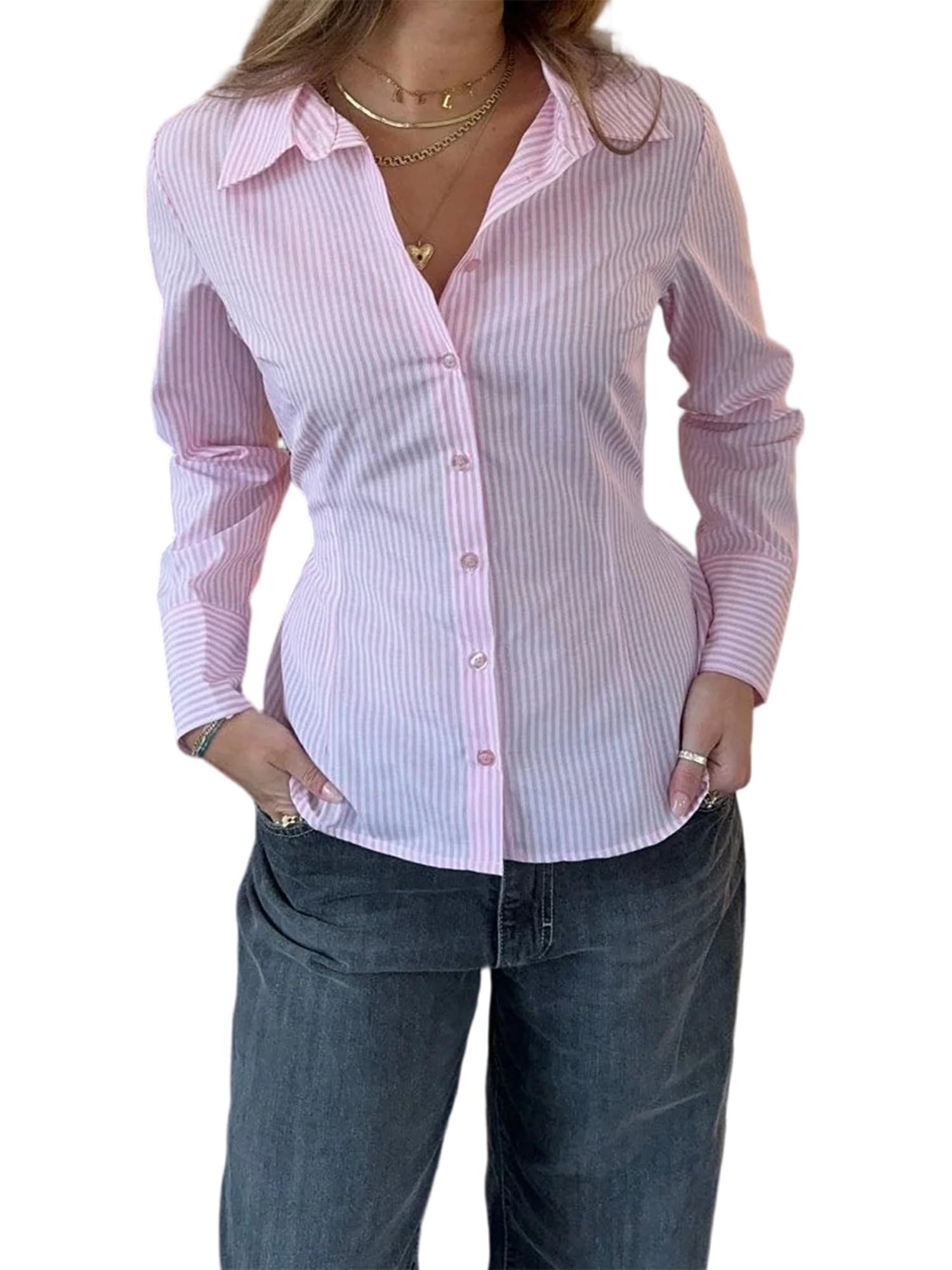 Women's Basic Button Down Shirts Long Sleeve V Neck Lapel Collar Tight Blouse Slim Fit Tops Casual Office Shirt - C-pink3