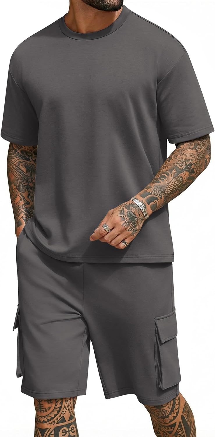 Men's Shirt and Shorts Set 2 Piece Fashion Summer Tracksuits Cotton Oversized T-Shirts Cargo Shorts Outfits